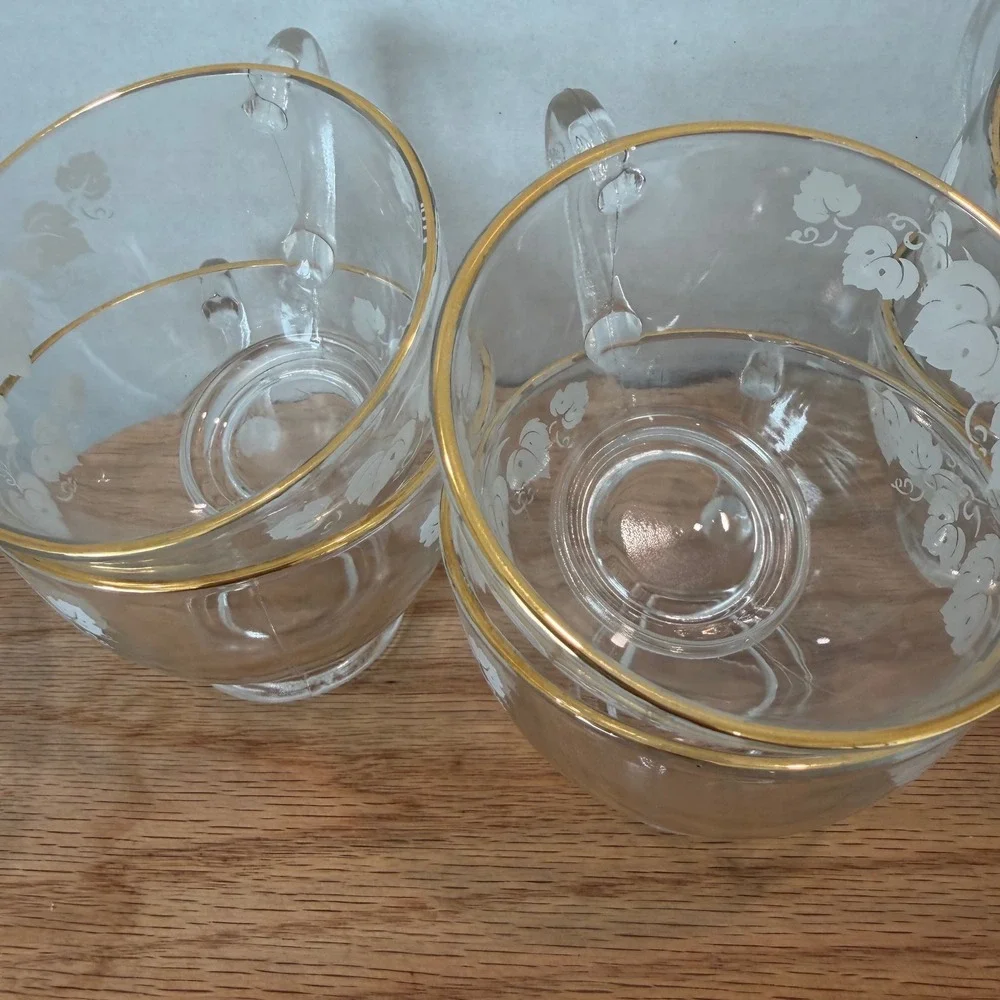 Vintage Anchor Hocking White Grape Leaf‎ Punch Bowl Set Ladle 12 Cups Gold Trim